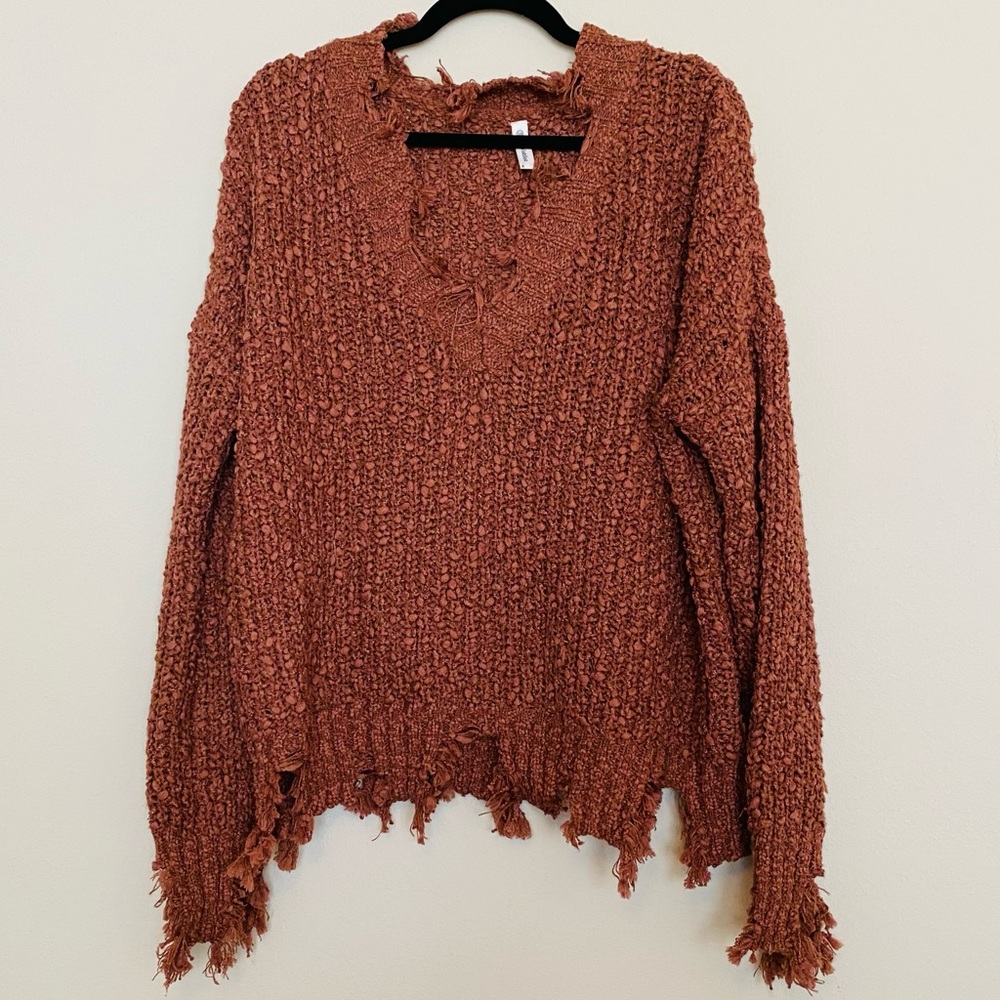 Boho Shredded V Neck Sweater